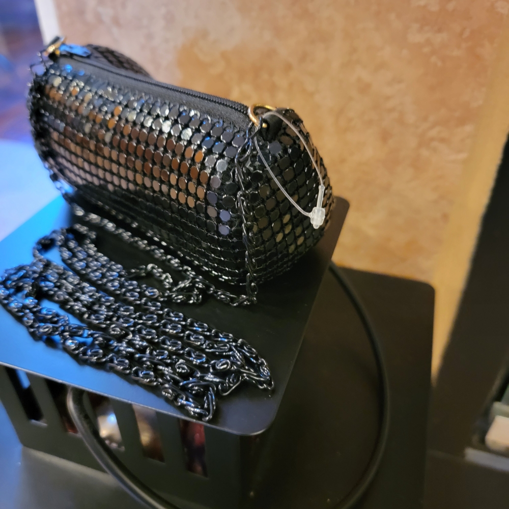 Mini Purse Barrel Bag Black Sequin Chain Crossbody - Picture 2 of 2